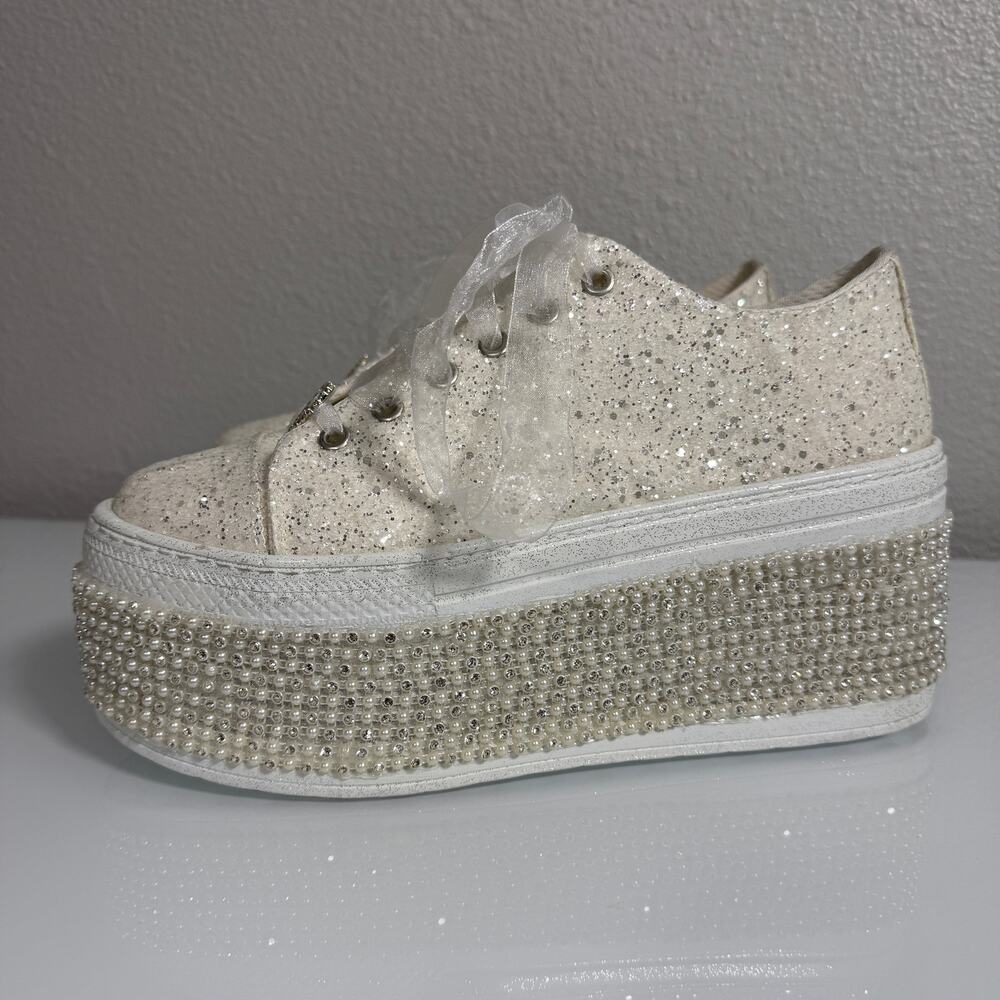 Stilo Bridal Wedding Platform Sneakers Womens Sz 10 Wht Glitter Pearl Rhinestone